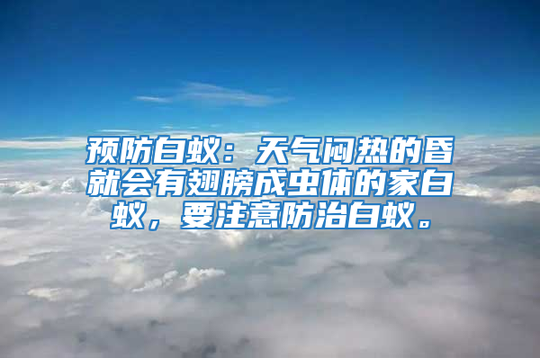預(yù)防白蟻：天氣悶熱的昏就會有翅膀成蟲體的家白蟻，要注意防治白蟻。